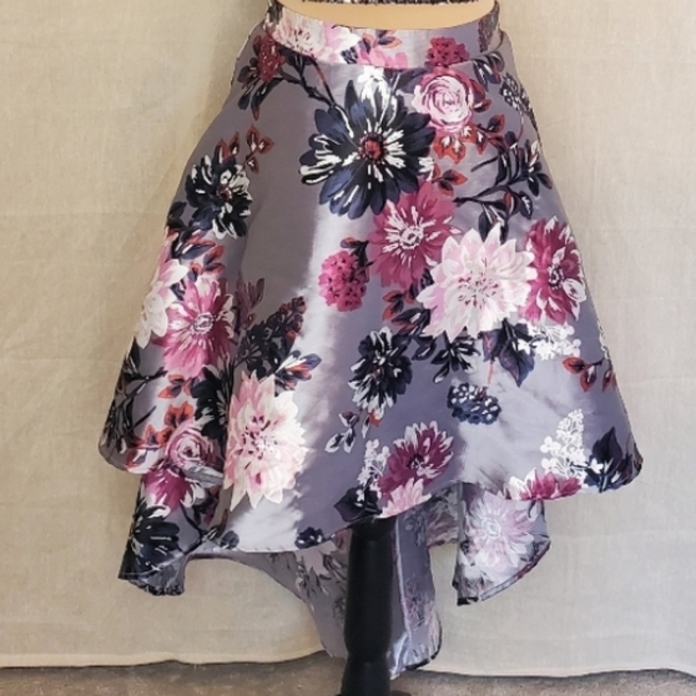 ♧ Speechless Satin Floral High Low Skirt Size 14Y Gray Pink & Black